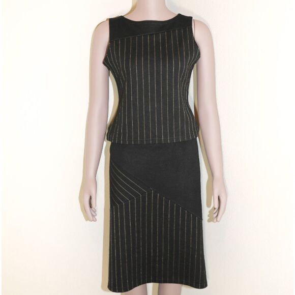 Un Deux Trois Dresses & Skirts - Black Gold Pinstripe Wool Skirt Suit Set Sleeveless Top Pencil Skirt Size‎ S